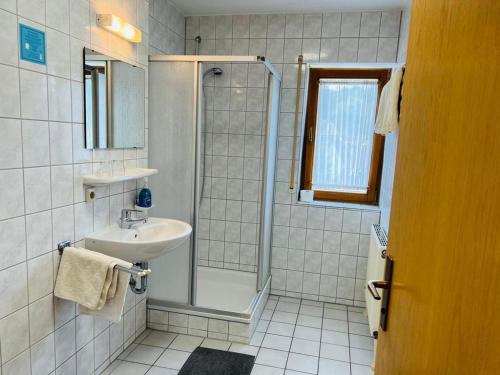 ein Bad mit einer Dusche und einem Waschbecken in der Unterkunft Schozacher Stüble in Talheim