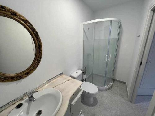 uma casa de banho com um WC, um lavatório e um espelho. em Apartamento A em Irijoa