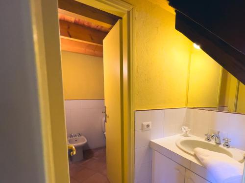 Baño amarillo con lavabo y aseo en Tenuta MonteOliveto - Romantic Cottage - Agriturismo nelle Langhe, en Vesime