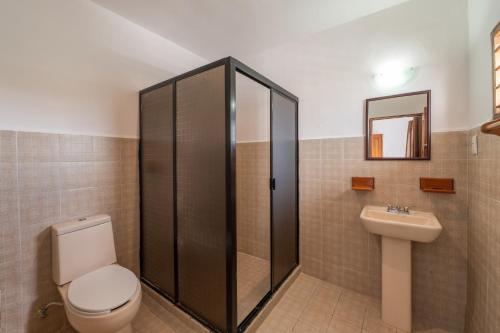 a bathroom with a shower and a toilet and a sink at Posada El Perico Marinero in Río Lagartos