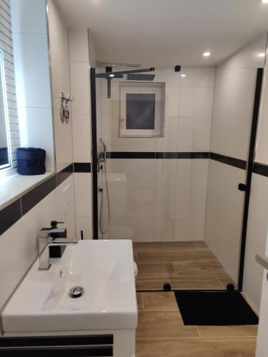 een badkamer met een wastafel en een douche bij Exklusiv, modernes Apartment in Sachsenheim