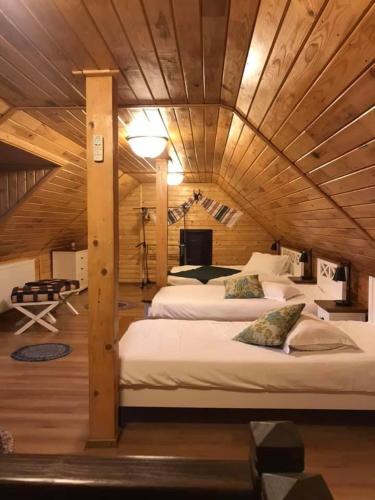 a bedroom with two beds in a room with wooden ceilings at Căsuța de Poveste in Târgu Neamț
