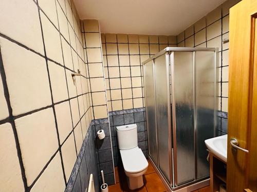 een badkamer met een douche, een toilet en een wastafel bij Apartamento Carlos Bielsa in Bielsa