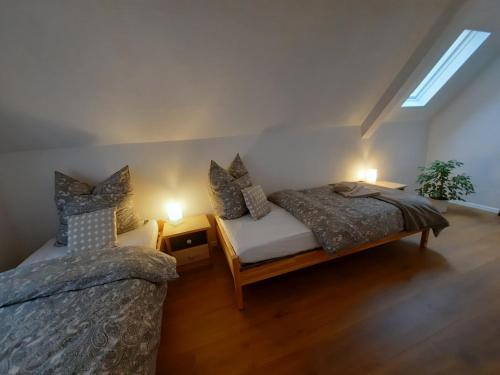 a bedroom with two beds and a skylight at Apartments 'Niko' in Waldsee