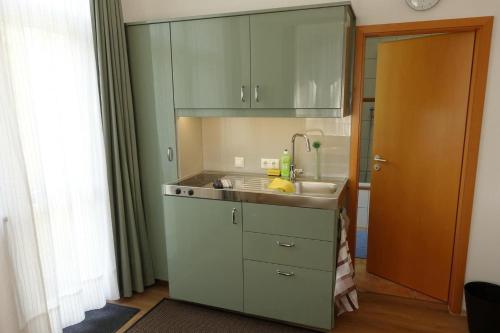 uma cozinha com um lavatório e uma bancada em Campus Apartment Ernst em Dresden