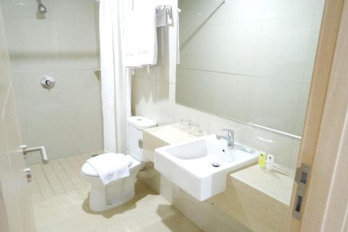 a bathroom with a sink and a toilet and a mirror at Yokotel Hotel in Bandung