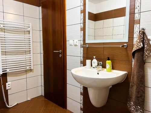 W łazience znajduje się biała umywalka i lustro. w obiekcie Dream Apartments No.202 - Right in the heart of Tále w mieście Tale