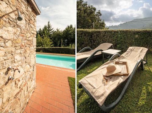 a picnic table with a hat sitting next to a pool at Casetta di Butia, Glicine Apartment in Borgo a Mozzano