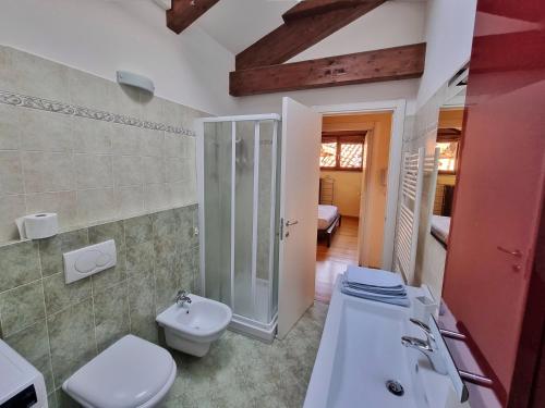 La salle de bains est pourvue de toilettes, d'un lavabo et d'une douche. dans l'établissement Saluzzo Historic Center Apartment, à Saluces