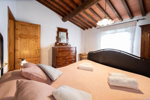 a bedroom with a large bed with two towels on it at Casetta di Butia, Gelsomino Apartment in Borgo a Mozzano