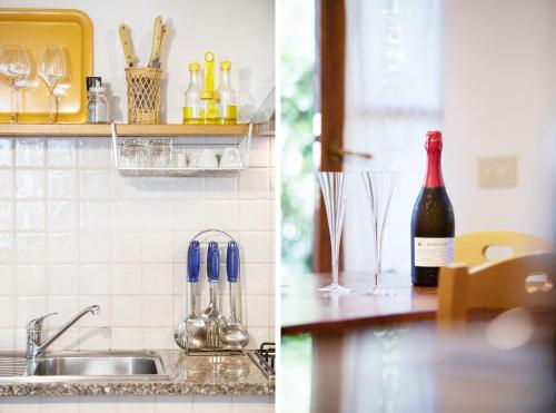 a kitchen counter with a bottle of wine and a sink at Casetta di Butia, Gelsomino Apartment in Borgo a Mozzano