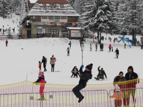 un groupe de personnes dans la neige devant un lodge de ski dans l'établissement Cabana Fantanita cu Brazi, à Poiana Brasov