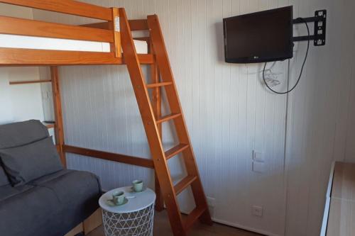 Cette chambre dispose de lits superposés, d'une télévision et d'un canapé. dans l'établissement Studio 2-3 pers at the foot of the slopes, à Mâcot La Plagne