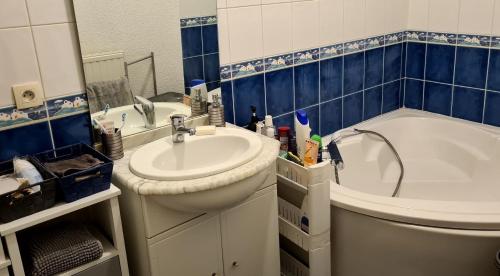 een badkamer met een wastafel, een toilet en een bad bij Ma petite escale in Romans-sur-Isère