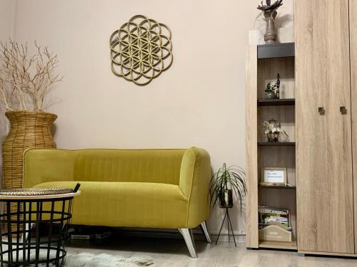 a living room with a green couch and a shelf at Maya Apartment in Cluj-Napoca