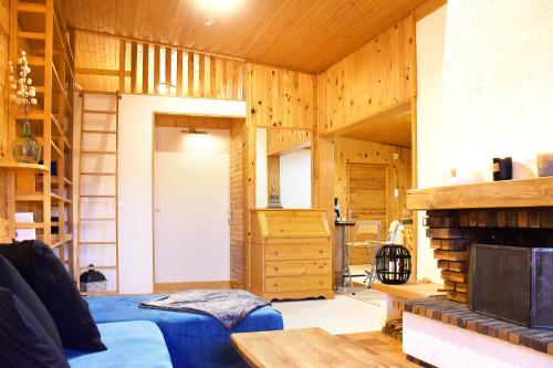 een woonkamer met houten wanden en een open haard bij La Tanière : 4 personnes in Gérardmer