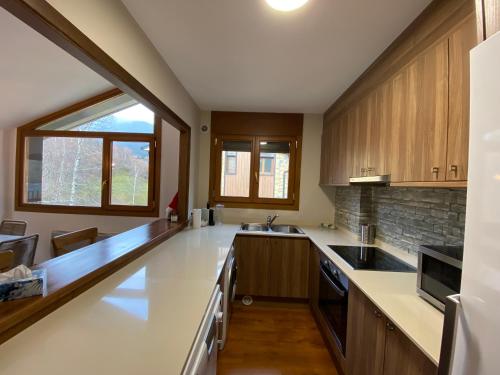 a kitchen with wooden cabinets and a large window at Vitivola Els Esquiadors de Llorts in Llorts