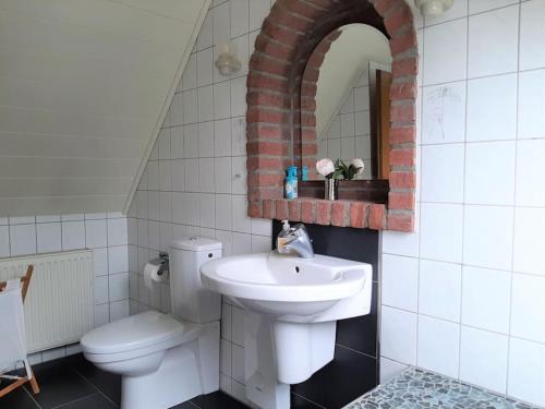 bagno bianco con lavandino e servizi igienici di Ferienwohnung am Niederrhein a Kevelaer