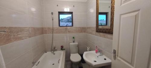 een badkamer met een toilet, een wastafel en een spiegel bij Mdzimba Mountain Lodge in Ezulwini