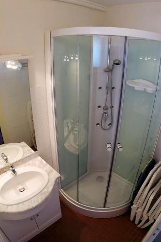 une salle de bain avec douche et lavabo dans l'établissement Entre pinède et océan, à Saint-Jean-de-Monts