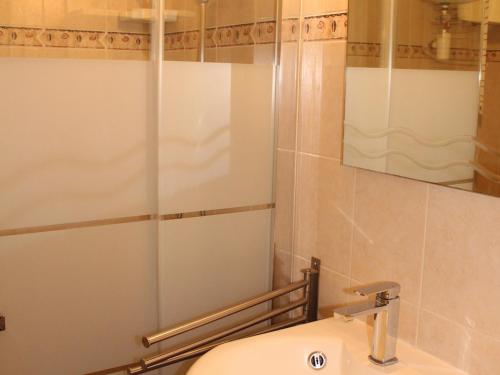 une salle de bain avec un lavabo et un miroir dans l'établissement Appartement avec Jardinet Privatif à Balaruc-les-Bains, près des Thermes - Classé ⭐⭐ - FR-1-503-51, à Balaruc-les-Bains