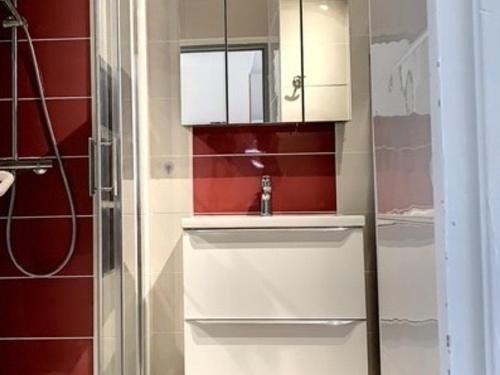 une salle de bain avec un lavabo et une douche dans l'établissement Appartement climatisé, Wifi, Animaux admis, Parking, proche thermes - FR-1-503-102, à Balaruc-les-Bains