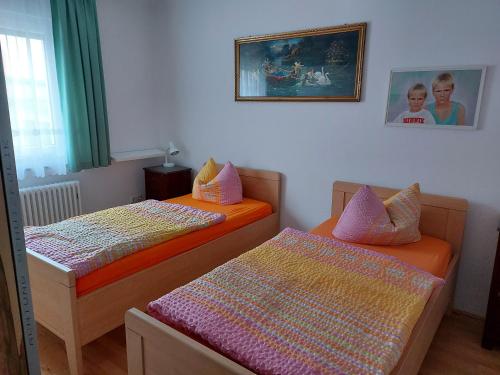 two twin beds in a room with a picture on the wall at Ferienwohnung-Havelsee in Hohenferchesar