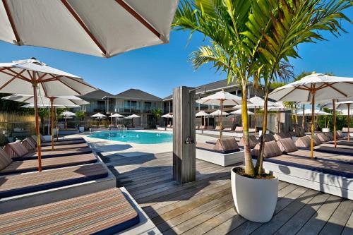 a pool with chairs and umbrellas and a palm tree at The Montauk Beach House in Montauk