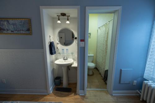 a bathroom with a sink and a mirror at À Tout Venant B&B in Magog-Orford