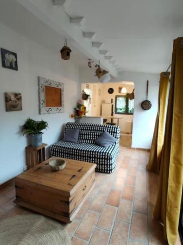 un salon avec un canapé et une table basse dans l'établissement La maison autour du figuier, à Aramon