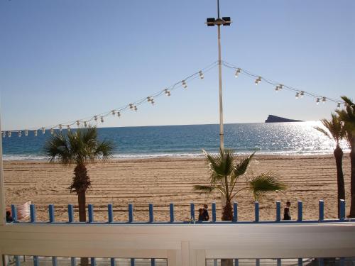 a beach with palm trees and a fence and the ocean at Las Palmeras - Zand Properties in Benidorm