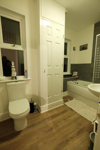 a bathroom with a toilet and a sink and a tub at Harbour View Apartment in Llandrillo-yn-Rhôs
