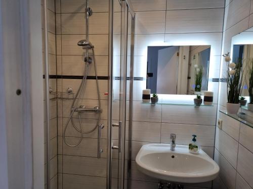 uma casa de banho com um lavatório e um chuveiro em Appartement Bergsee SUN - direkt am See - Sonnenbalkon em Seefeld in Tirol