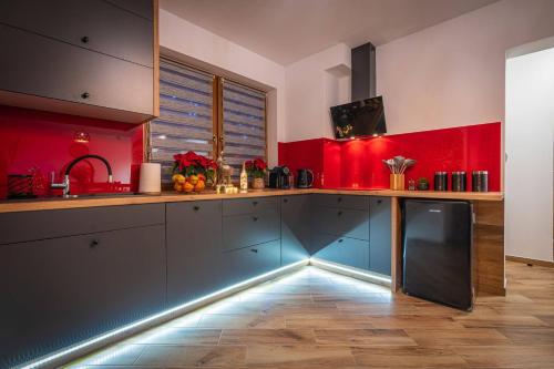 a kitchen with red and blue cabinets and a counter at Domki Bukowianka in Murzasichle