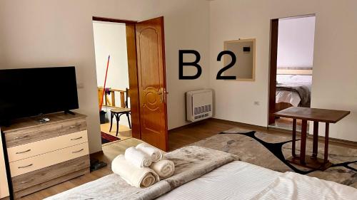 1 dormitorio con 1 cama y TV y 1 cama sidx sidx sidx sidx en Dritëza, en Korçë