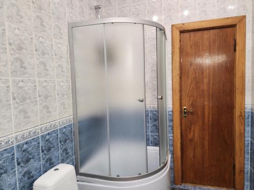 een glazen douche in een badkamer met een toilet bij В центрі м.Чернівці 2 кімнатна затишна квартира. in Tsjernivsi