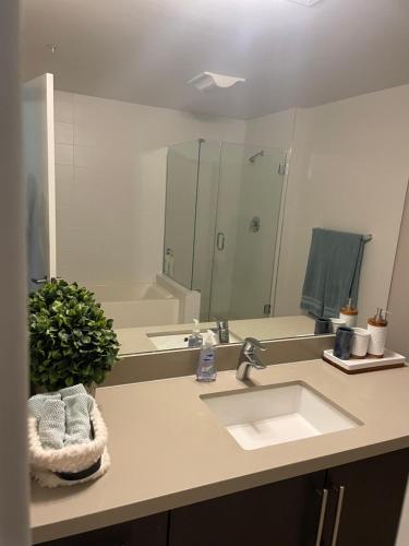a bathroom with a sink and a large mirror at Super-Cute 2/2 apartment in Santa Monica with free parking in Los Angeles