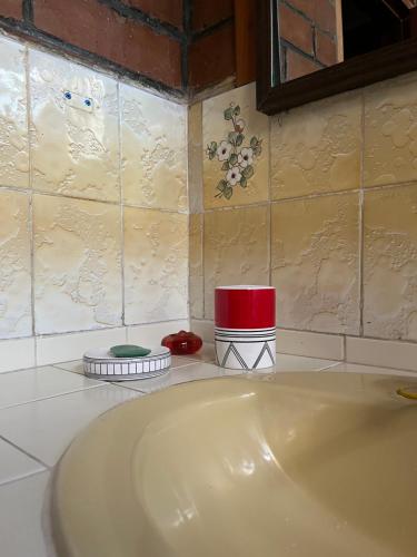 a bathroom with a sink and a red bowl at Casa Qatzij - Guest House, Lake Atitlan in San Lucas Tolimán
