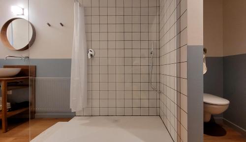 a bathroom with a shower with a toilet and a sink at oYo apartments in Kortrijk
