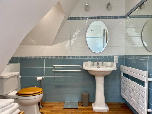 a bathroom with a sink and a toilet and a mirror at Charming 19th Century Farmhouse with Pool in Vitrac