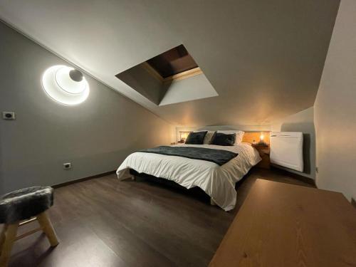 a bedroom with a bed and a skylight at Appartement spacieux près des pistes in Le Monêtier-les-Bains