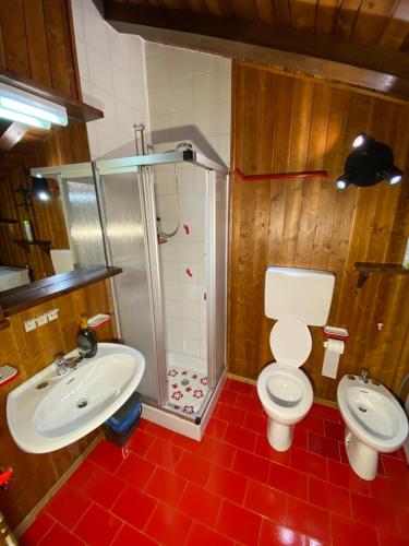 een badkamer met een douche, een toilet en een wastafel bij Casa vacanza Folgarida in Folgarida