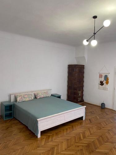 1 dormitorio con 1 cama grande en una habitación en Apartament istoric ultracentral - 70 mp - with Parking, en Sibiu
