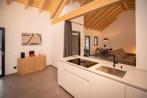 een keuken met een wastafel en een woonkamer bij Residenza 3544 in Lumino
