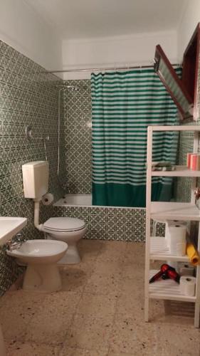 a bathroom with a toilet and a green shower curtain at Casa Laranjeira in Tavira