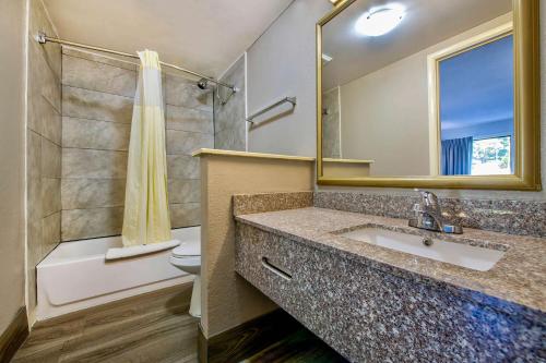 a bathroom with a sink and a toilet and a mirror at Studio 6 Birmingham, AL - Medical Center - Inverness Hwy 280 in Birmingham