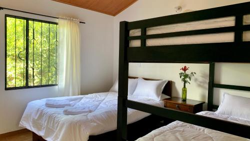 蒂瓦索薩的住宿－Corazón de la Montaña，一间卧室设有两张双层床和一扇窗户。