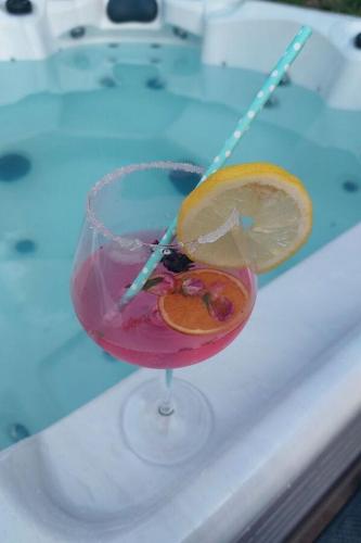 a drink in a glass with a lime and a straw at Secluded family friendly house Draz, Baranja - 15893 in Draž
