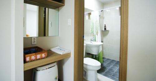 a small bathroom with a toilet and a sink at Gotjawal Geomunoreum Pension in Jeju