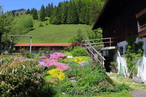 a garden with colorful flowers in front of a building at Bauernhof Hamberger Hof in Sachrang